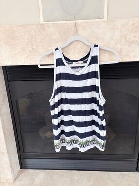 Tory Burch Navy and White Striped Tank Top with Embroidered Hem